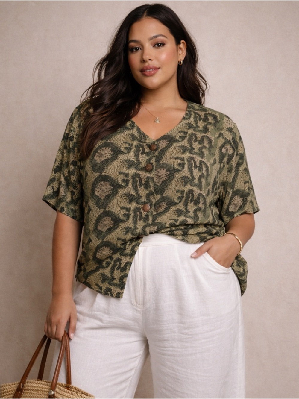 Vintage VOIR 2X Abstract Animal Print Blouse Button Front Earth Tone Textured